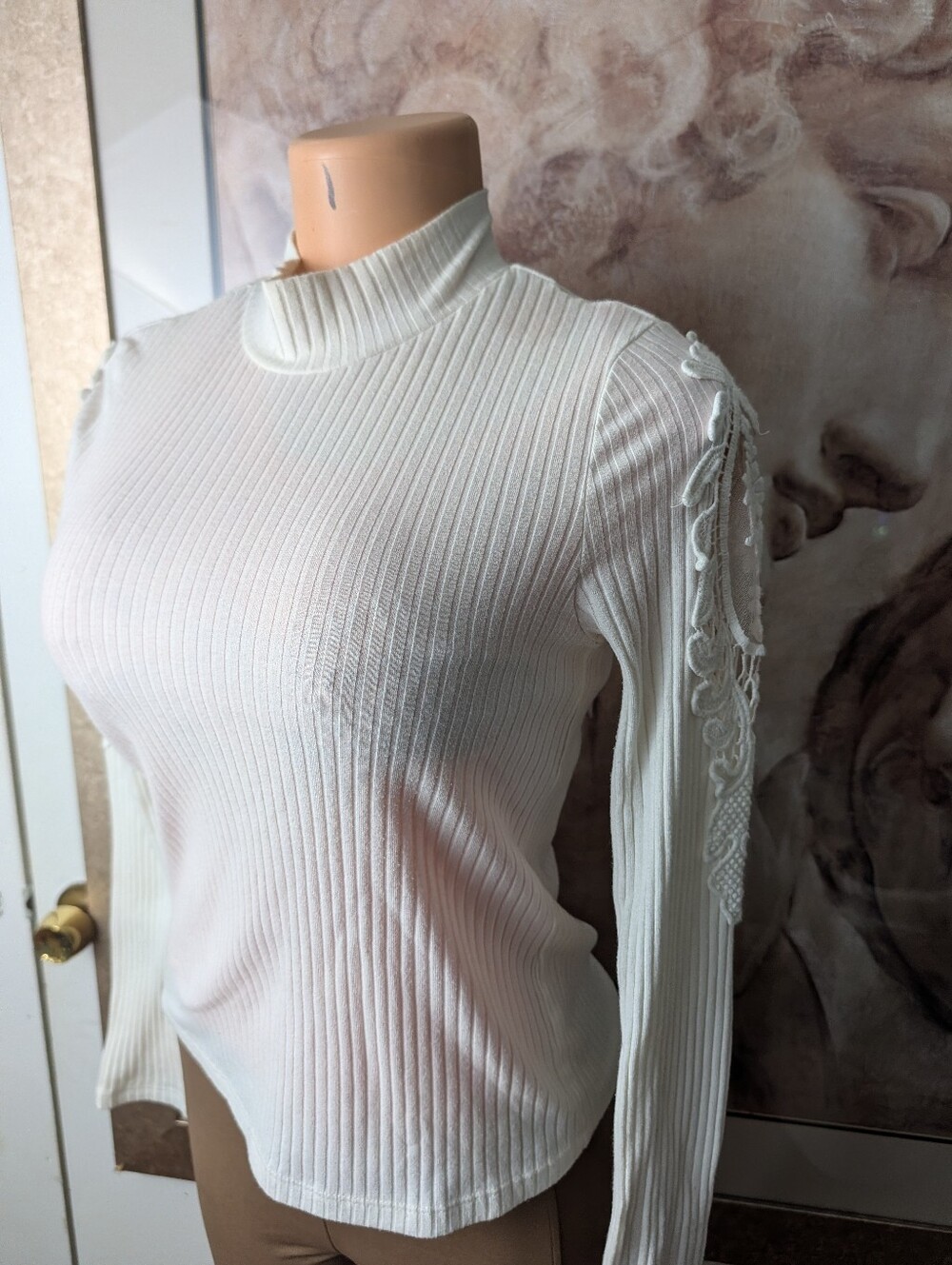 American Rag Cream Ribbed Mock Neck Top w/ Crochet Lace Sleeves Fairy Boho Sz L